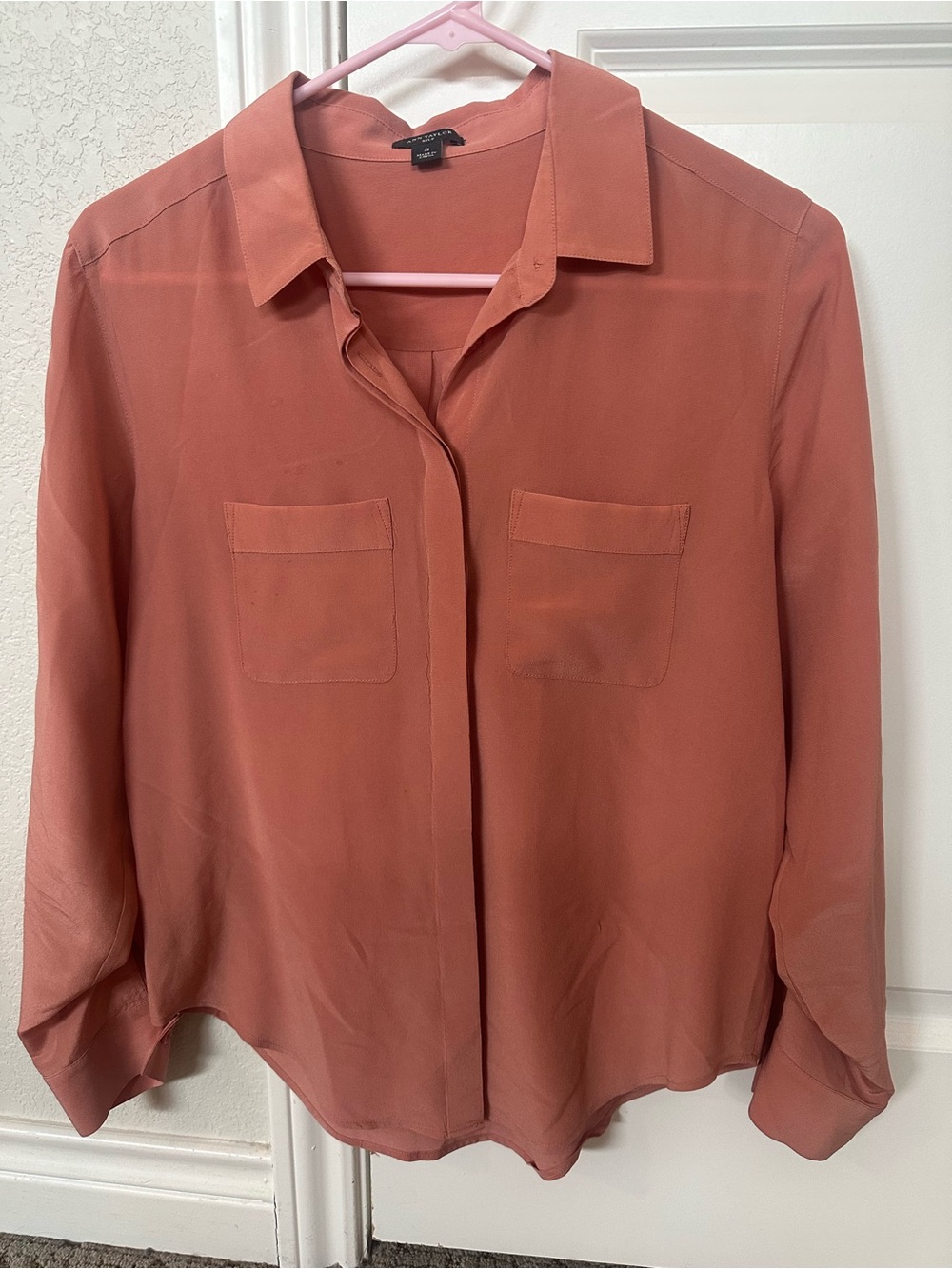 Ann Taylor Rose Rust Silk Button-Down Blouse- Sz Small